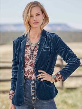 Sundance Sofia Velvet Blazer Silk Blend Slouchy Boho Chic Jacket Aegean Blue 14P